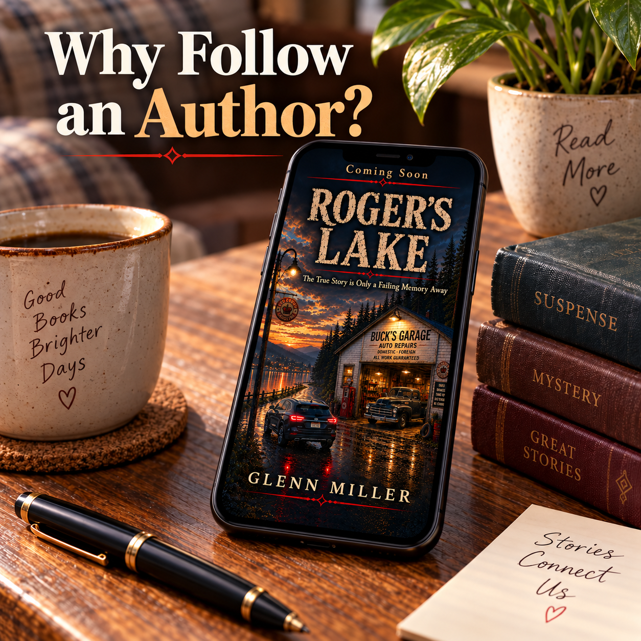 Promotional graphic asking why readers should follow an author, featuring Roger’s Lake by Glenn Miller